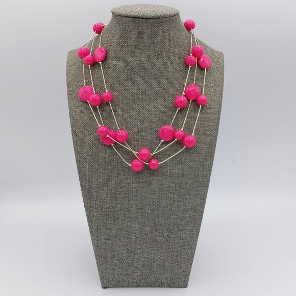 Pink Necklace Satellite Round Beads Bright Silver Toned Chain Tripple strand 16" - Picture 1 of 8